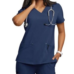Easy Stretch Lina Mitered 4-Pocket V-Neck Scrub Top Women's Sz 2X Navy Blue